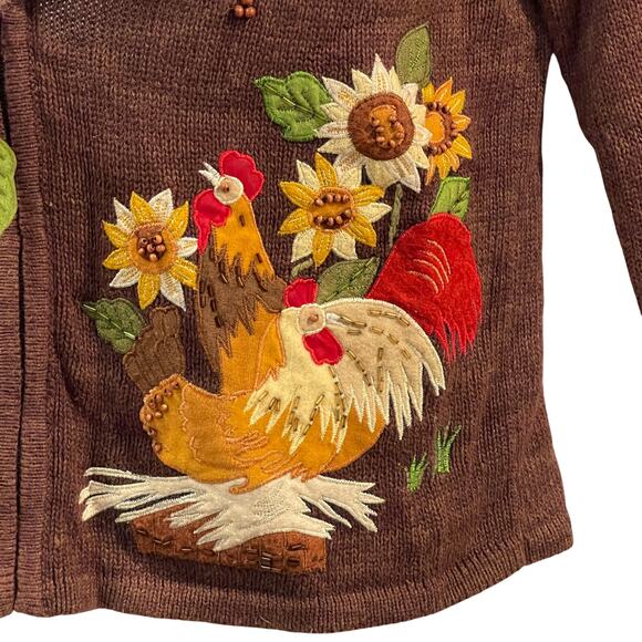 VINTAGE 90s Tiara Int Chicken & Sunflowers Country Charm Cardigan Sweater Size S - Picture 3 of 6